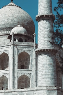 A close-up view of a large, intricately designed marble building with a prominent dome and minaret. The structure features ornate arches and detailed carvings, showcasing impressive craftsmanship. Sparse foliage is visible, adding contrast to the solid, structured architecture.