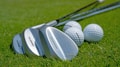 Several golf clubs with shiny metallic surfaces are laid on a lush green grass surface next to a few white golf balls. The focus captures the fine details of the club heads and the dimpled texture of the golf balls.