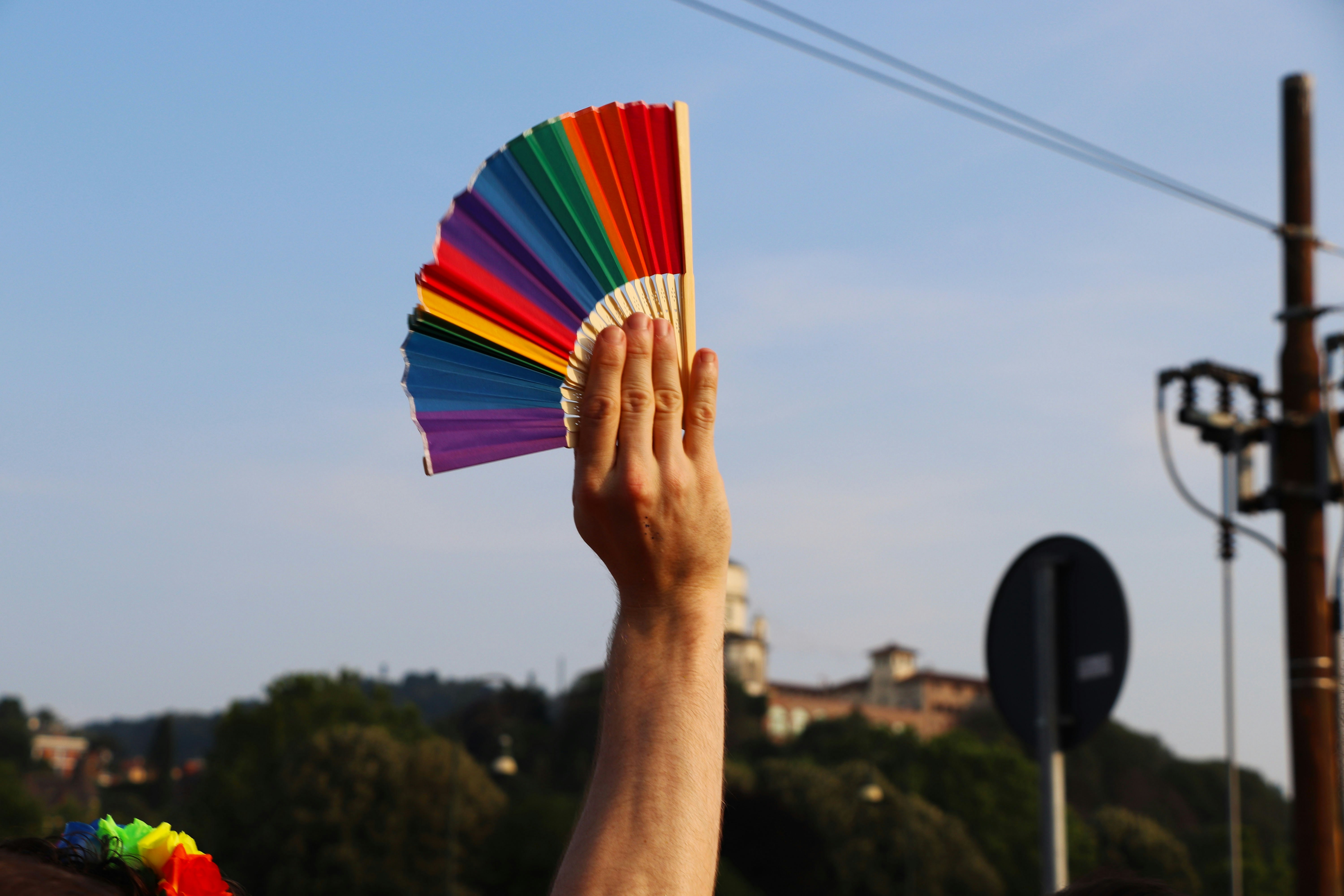 a person holding a colorful fan in their hand