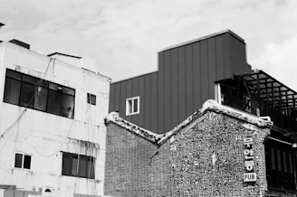 Black and white photograph capturing urban architecture details.