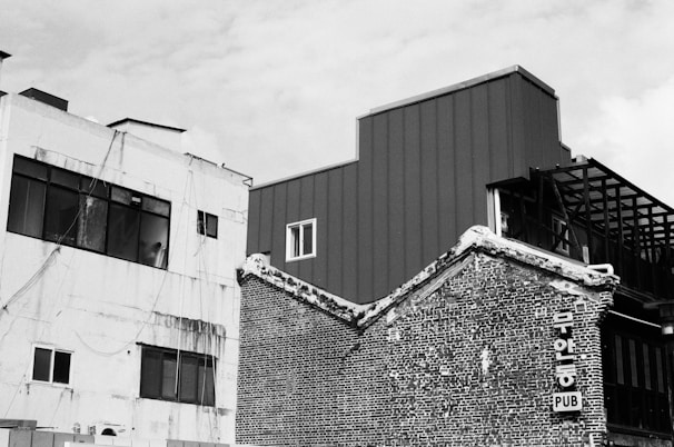 An elegant black and white photograph capturing urban architecture.