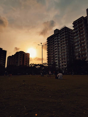 A sunset view of a community cool-down stretch session in the park