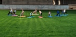 A group of people is practicing yoga on colorful mats spread across a lush green lawn under a concrete structure. The participants are performing a stretching pose and are dressed in casual athletic wear.