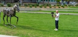 A man wearing a white t-shirt and jeans is operating a camera on a stabilizer while standing on a green lawn. He appears to be filming a sculpture of a horse made from metallic parts, positioned in front of him. The background includes a landscaped area with plants and a building.