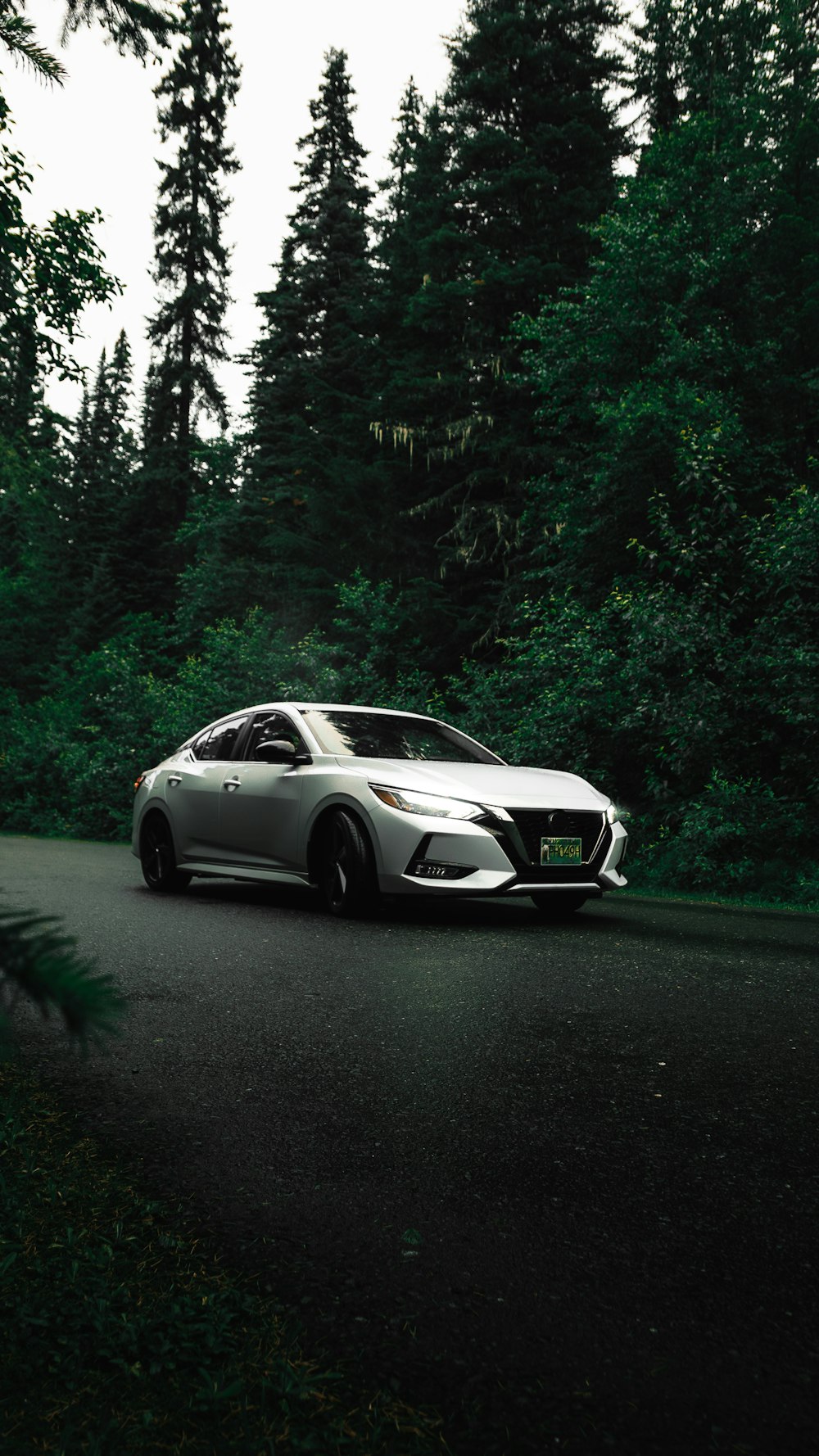 a silver car driving down a road next to a forest