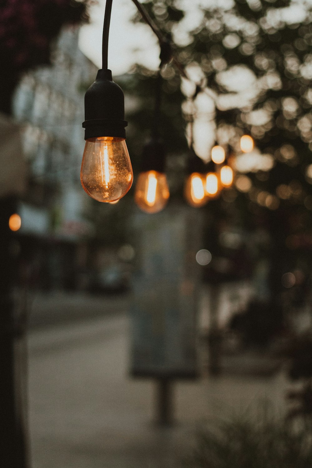 a bunch of light bulbs hanging from a wire