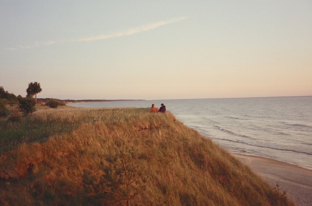 a couple of people sitting on top of a hill near the ocean