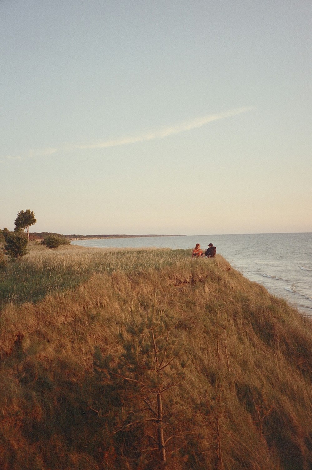 a couple of people sitting on top of a hill near the ocean