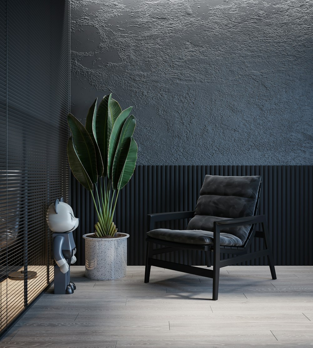 a chair and a plant in a room