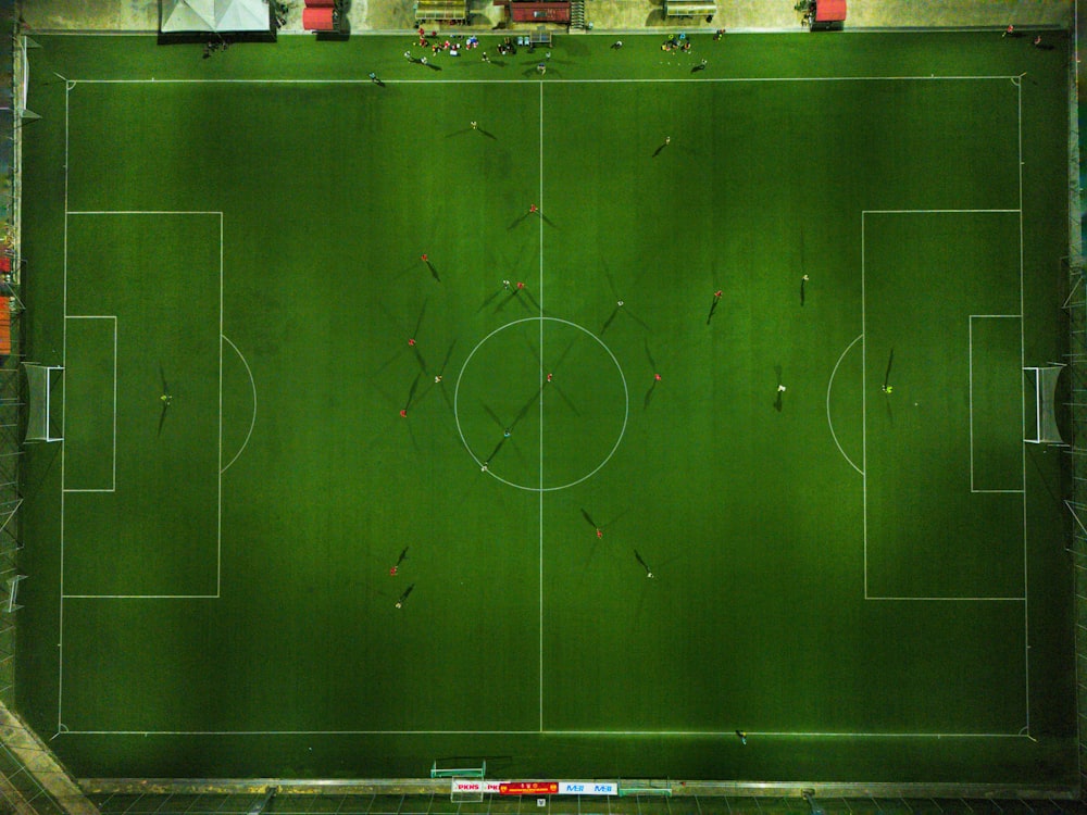 an aerial view of a soccer field from above