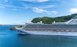 A large cruise ship sailing near a tropical island under clear skies.