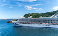 An elegant cruise ship sailing on turquoise waters with clear skies.