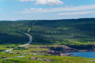 A winding road through lush green hills leading to a coastal town.