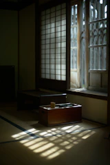 Soft morning light filtering through a serene meditation room with minimalist decor and natural textures.