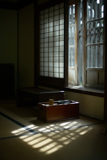 Soft morning light filtering through a shoji screen, casting gentle patterns on a minimalist workspace