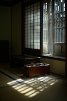Soft sunlight filters through traditional shoji screens, casting patterned shadows on the tatami floor. A small wooden table with a cup and a book sits in the quiet, minimalist room, creating a serene and contemplative atmosphere.