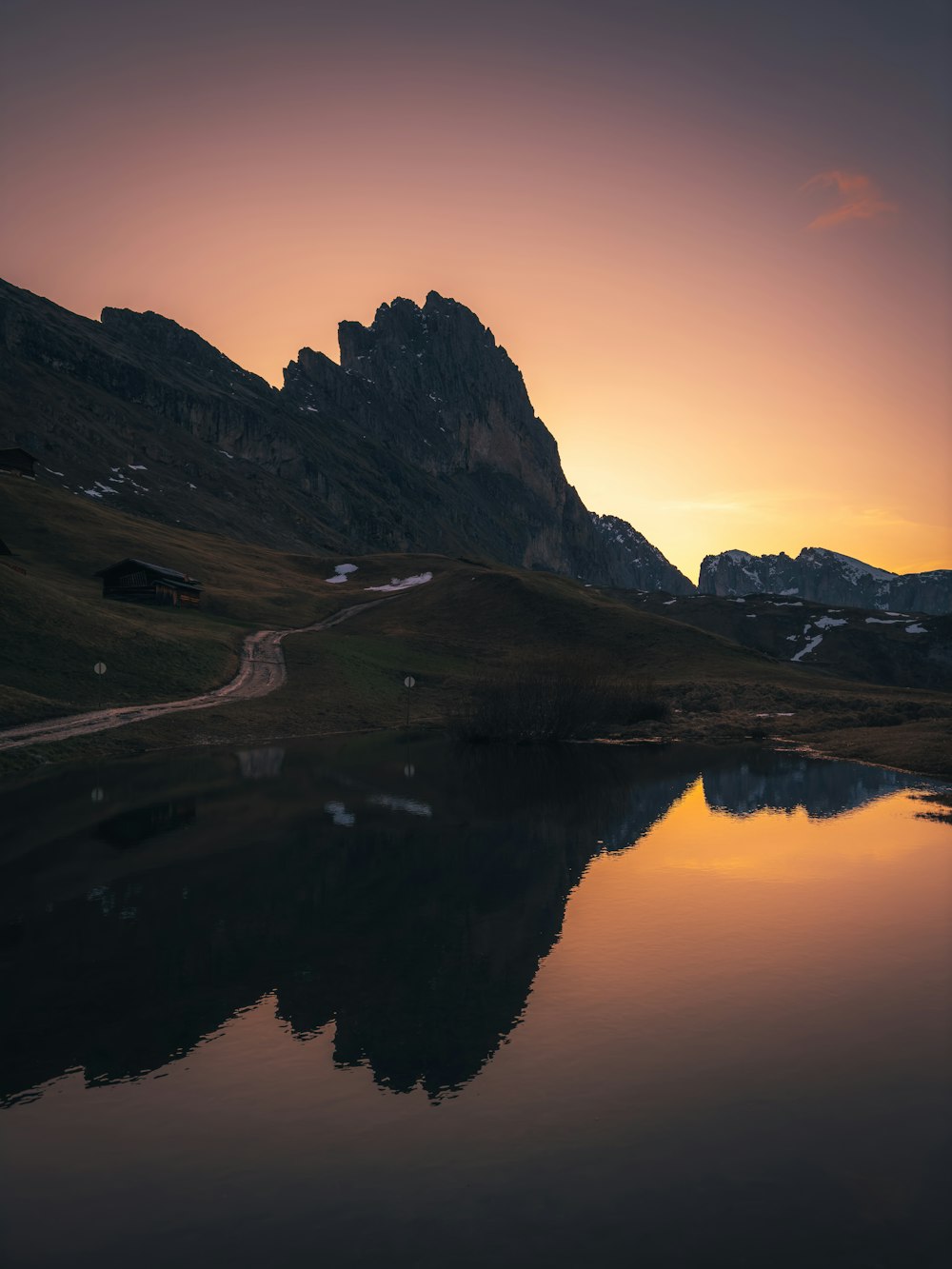 a mountain range with a lake in the foreground