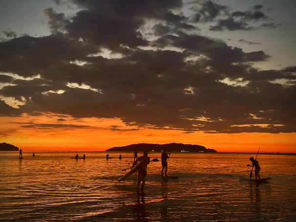Sunset paddleboarding with silhouettes of paddlers against a glowing orange sky.
