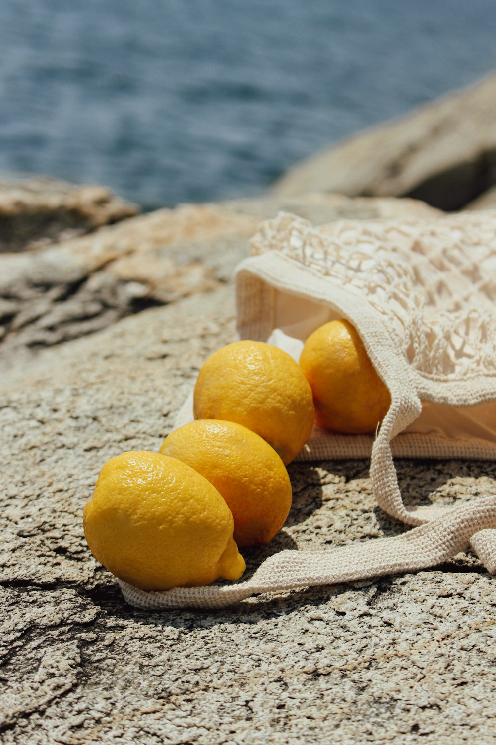 a bag of lemons sitting on top of a rock