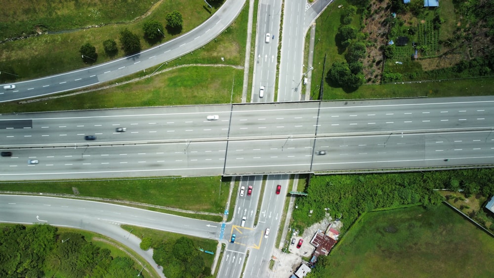an aerial view of a highway intersection in the country