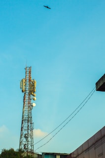 A tall communication tower stands against a bright blue sky. A bird flies near the top of the image, adding a sense of scale. The tower has multiple antennas and satellite dishes attached. Several power lines are visible, leading towards a building with a patterned wall on the right.