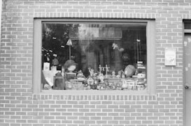A brick wall features a large window display filled with various toys and apparel. Among the items are stuffed animals, figurines, and small decorative objects. The window sign indicates that the store sells books, toys, and apparel.