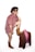 A person wearing an oversized red and white striped shirt and brown cowboy boots is standing with one leg resting on a pink mannequin torso dressed in a brown jacket. The individual is wearing dark sunglasses and has curly hair.