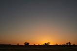 Sunset view over the desert landscape with palm trees and distant mountains.