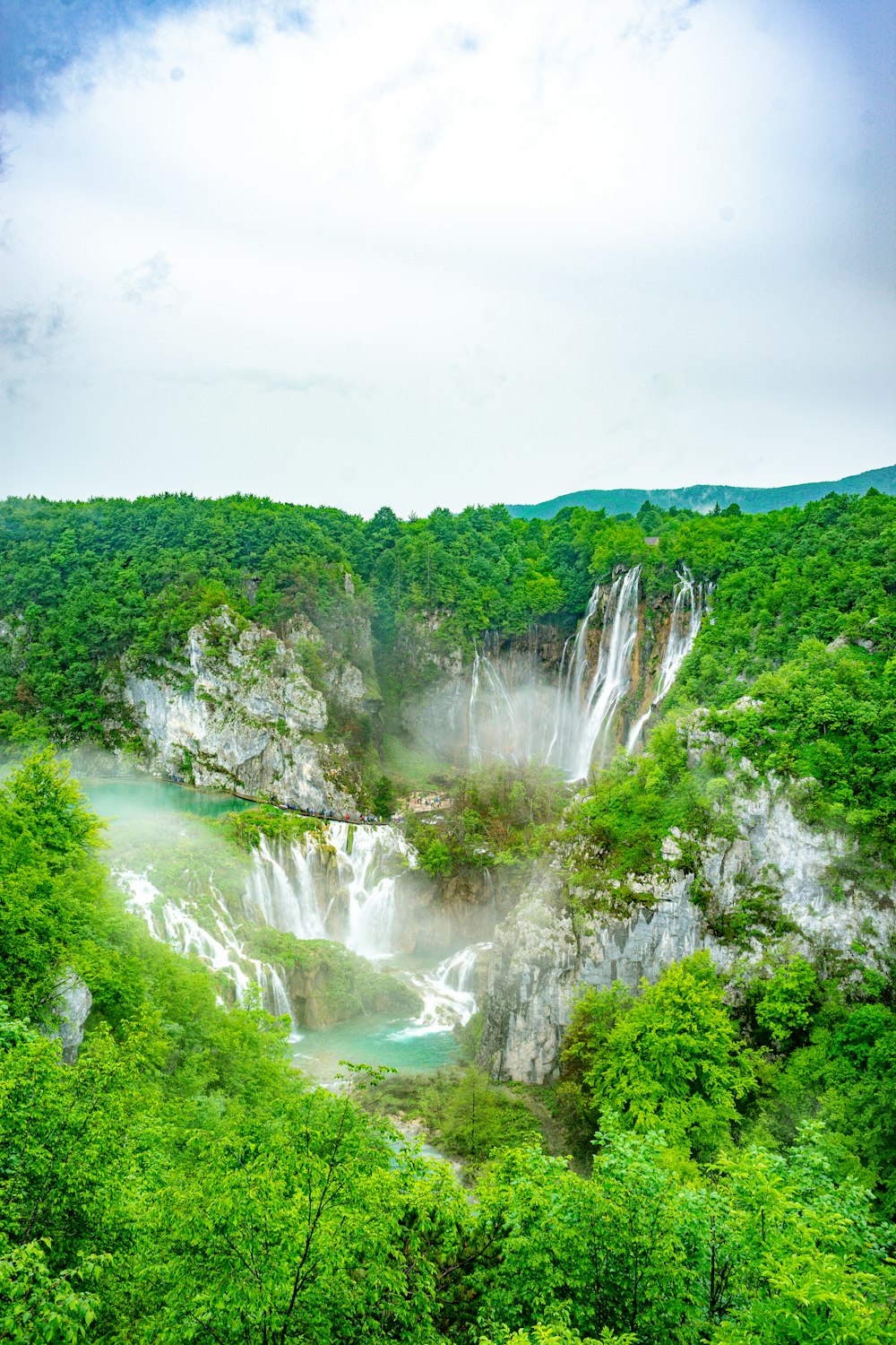 a waterfall in the middle of a lush green forest