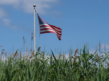 A native Texan mowing a lush green lawn under a bright blue sky with an American flag in the background.