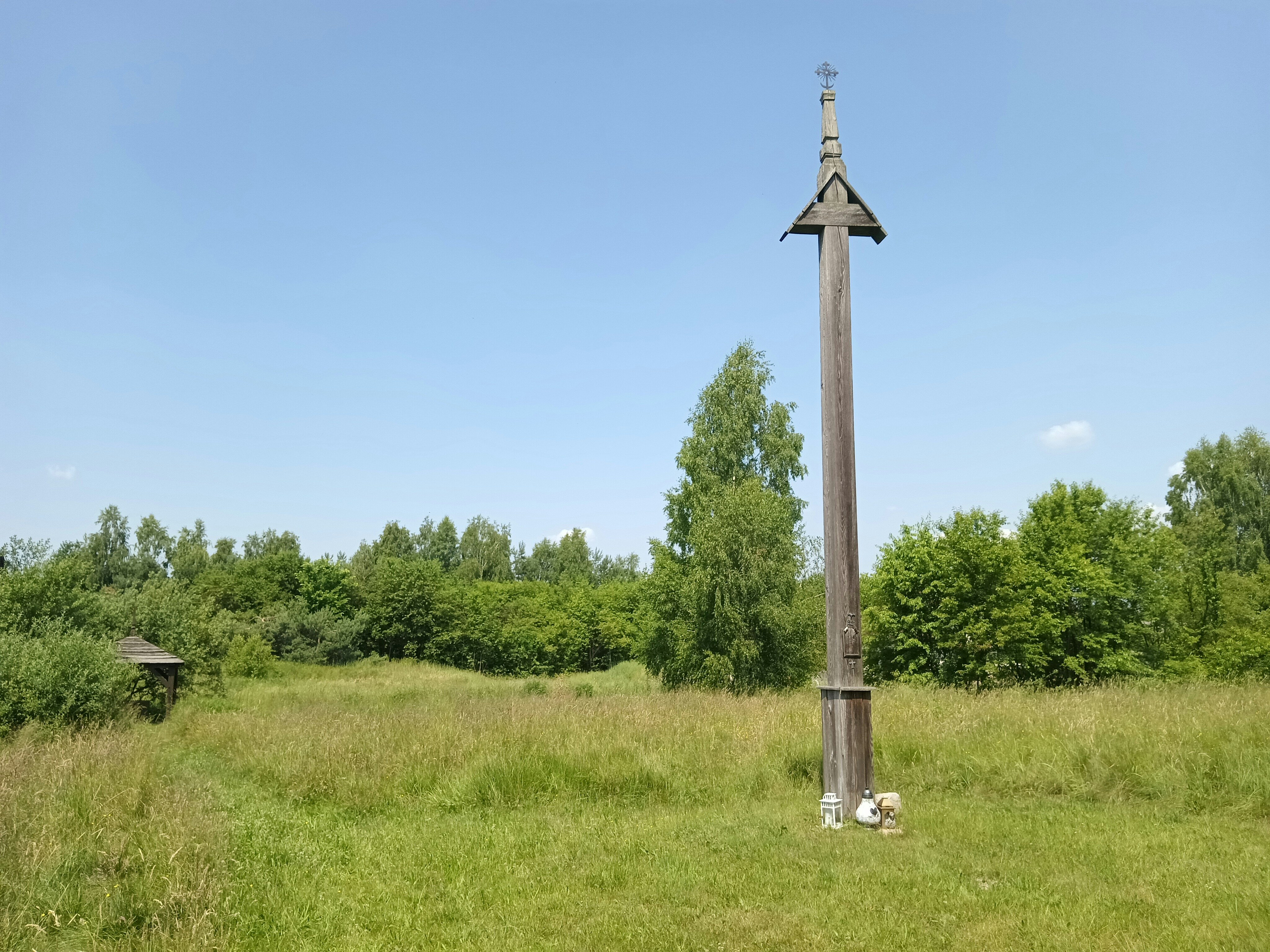 a tall wooden pole in a grassy field