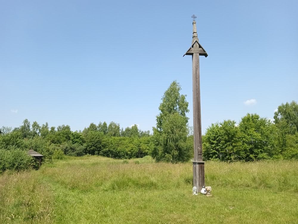 a tall wooden pole in a grassy field