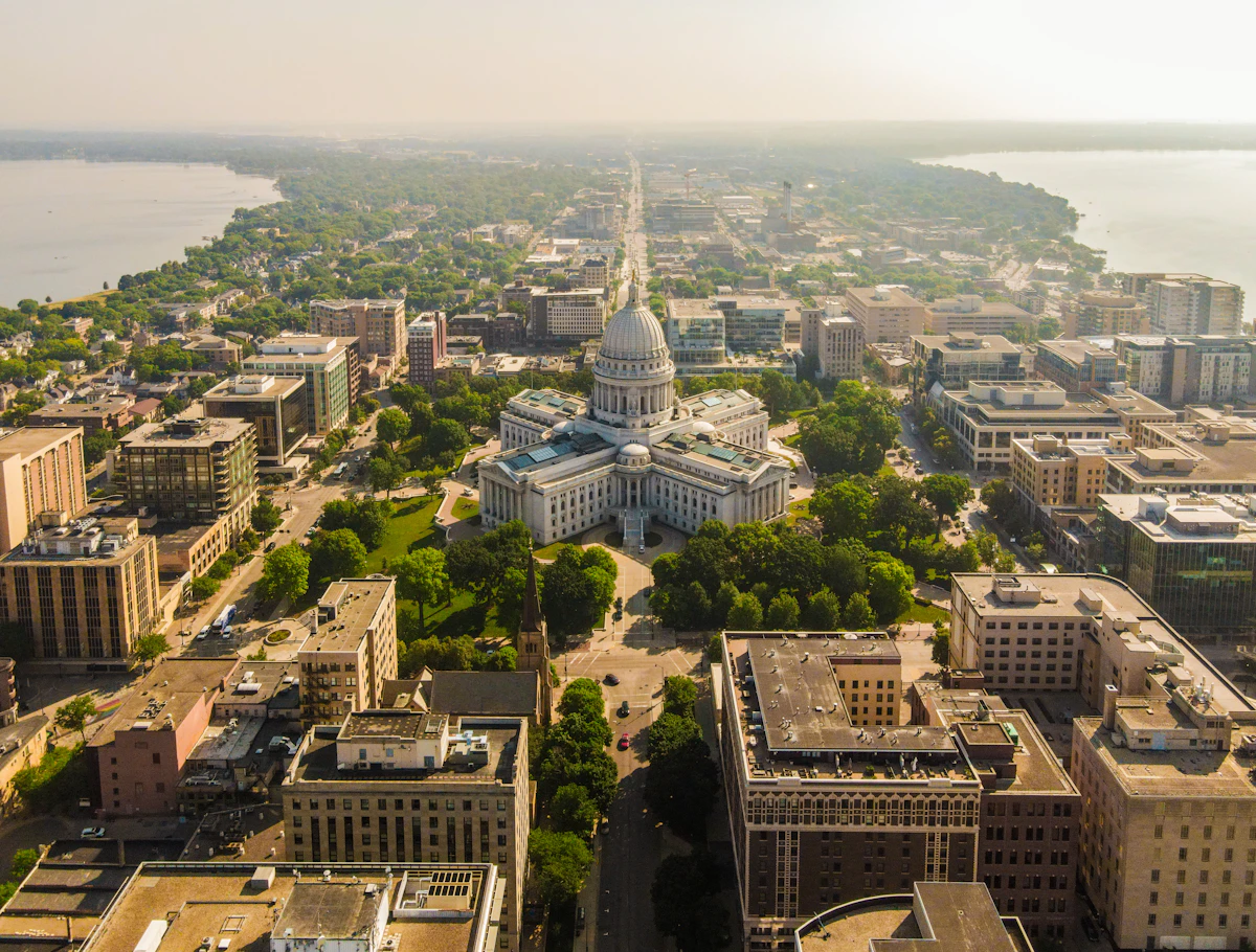 Wisconsin State Capitol and surrounding Madison streets viewed from above