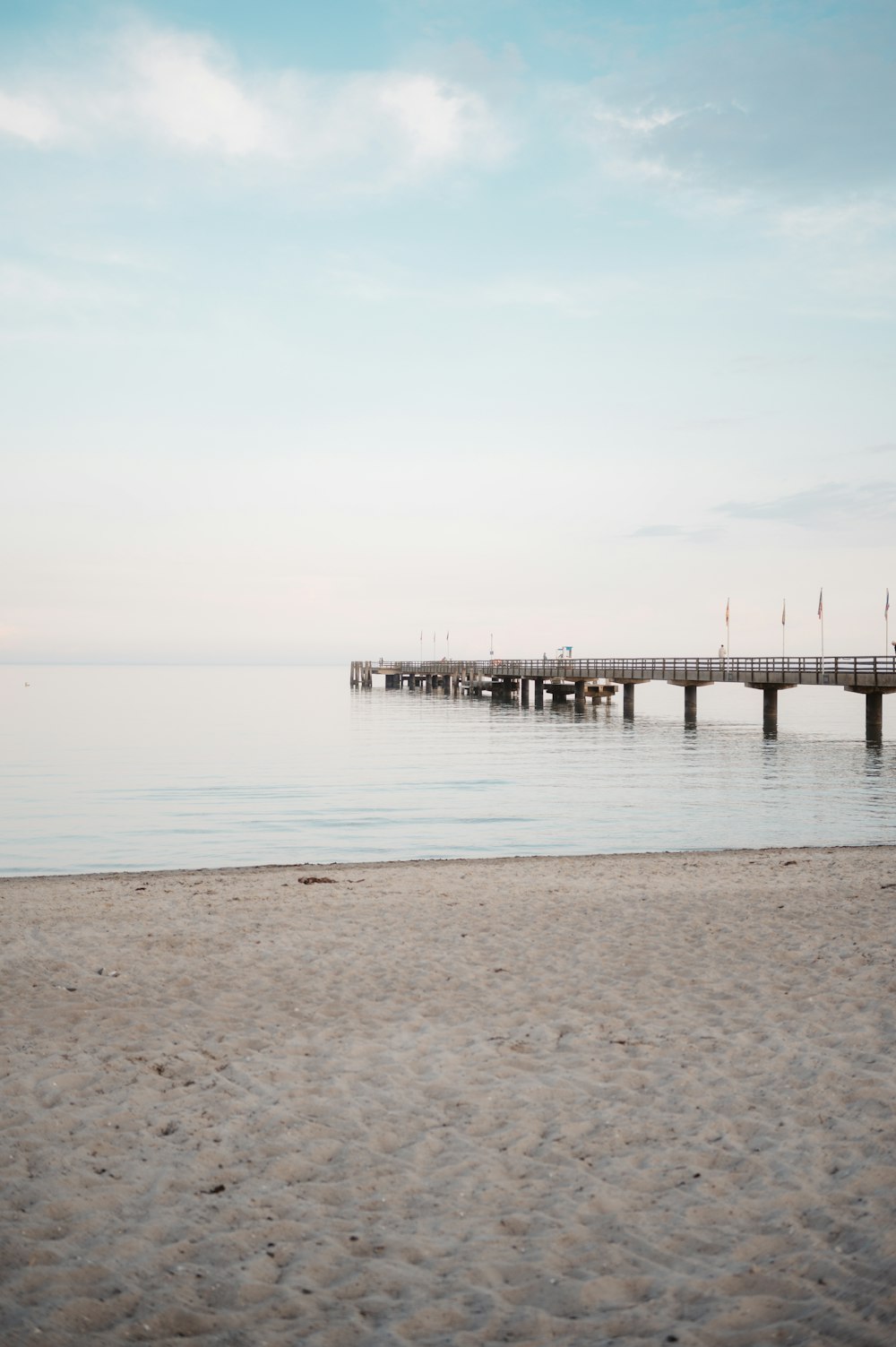 a beach with a pier and a body of water