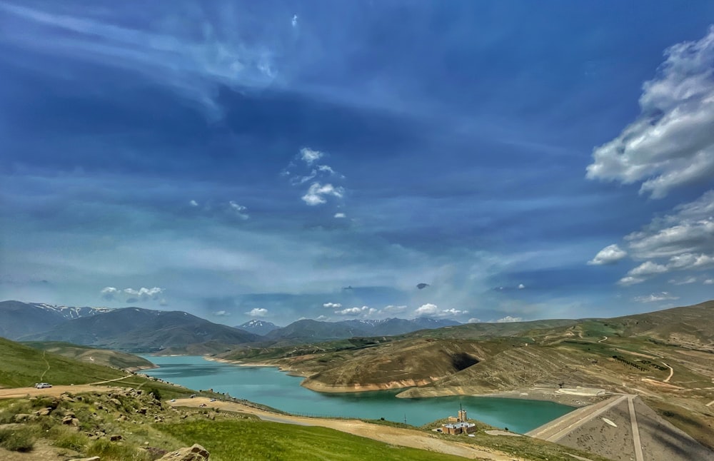 a scenic view of a lake surrounded by mountains