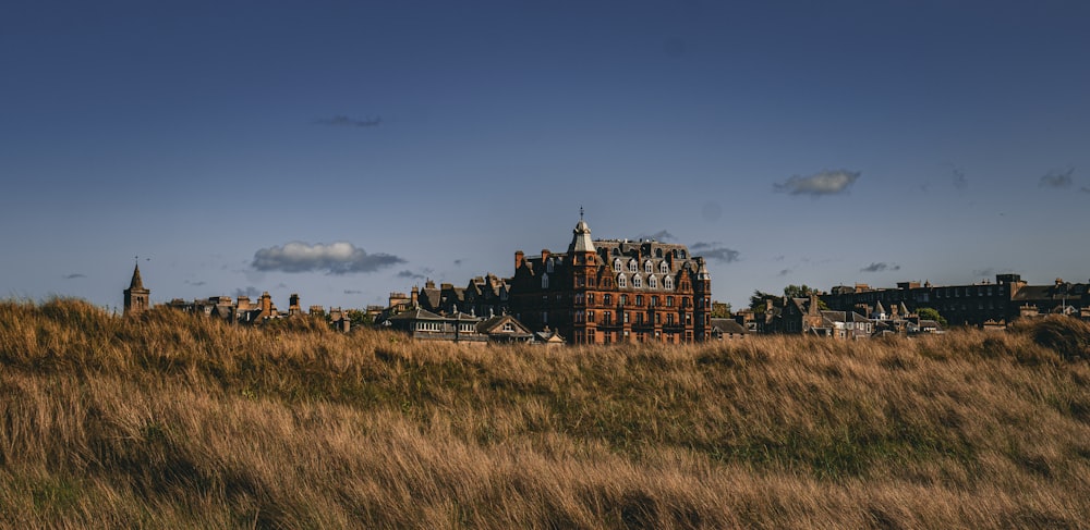 a tall building sitting on top of a lush green field