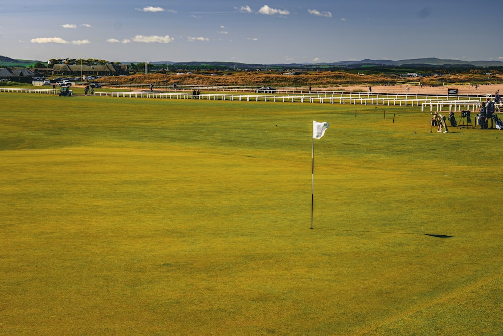 a green field with a white flag in the middle of it