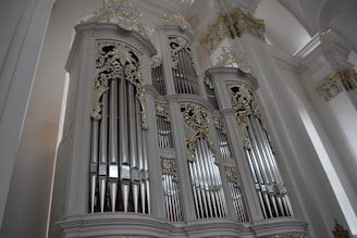 A grand pipe organ adorned with intricate gold and white detailing fills the space, emphasizing its impressive size. The metal pipes and ornate carvings are highlighted by the soft lighting of the surrounding architectural elements.