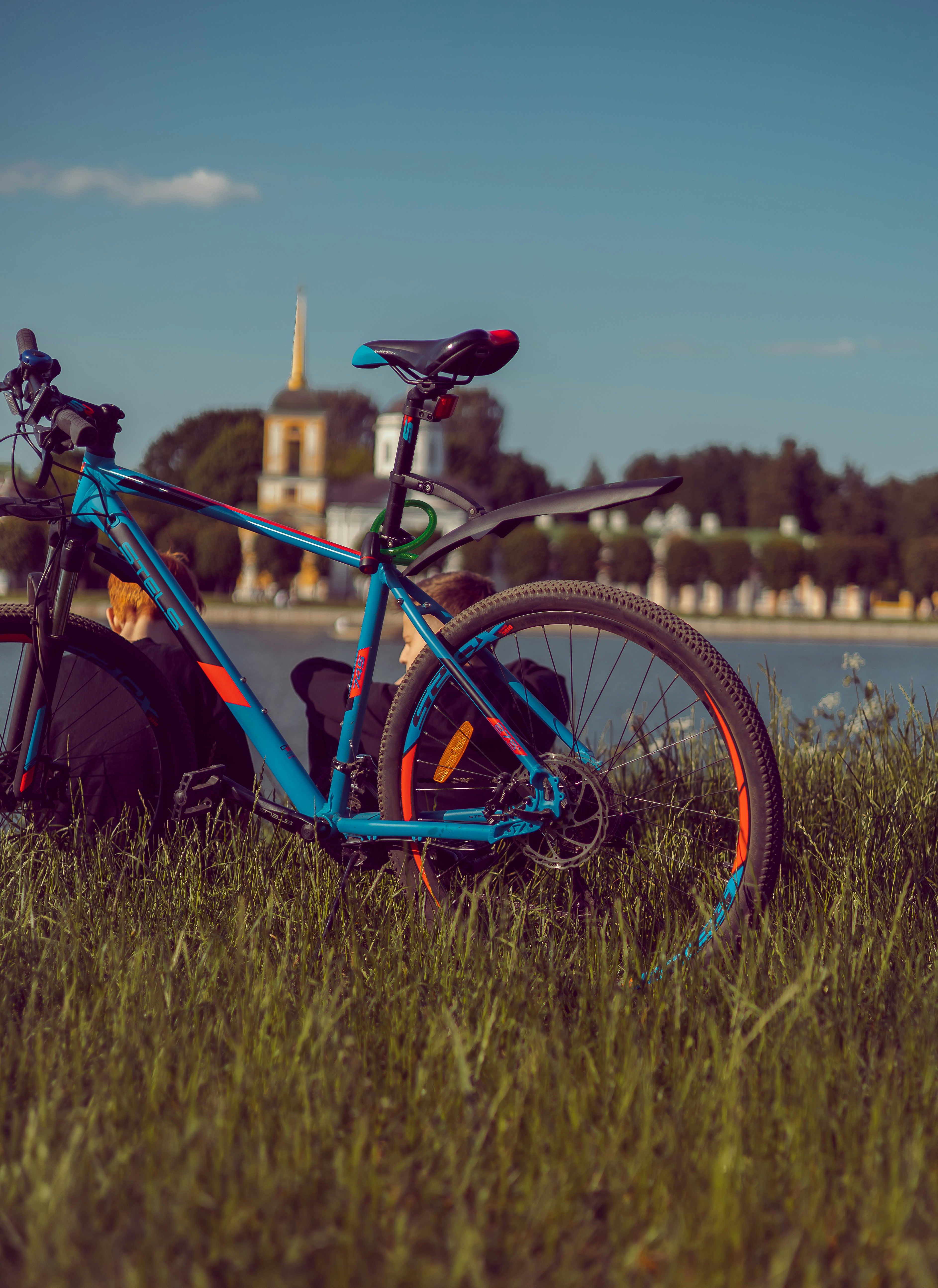 a bike parked in the grass near a body of water