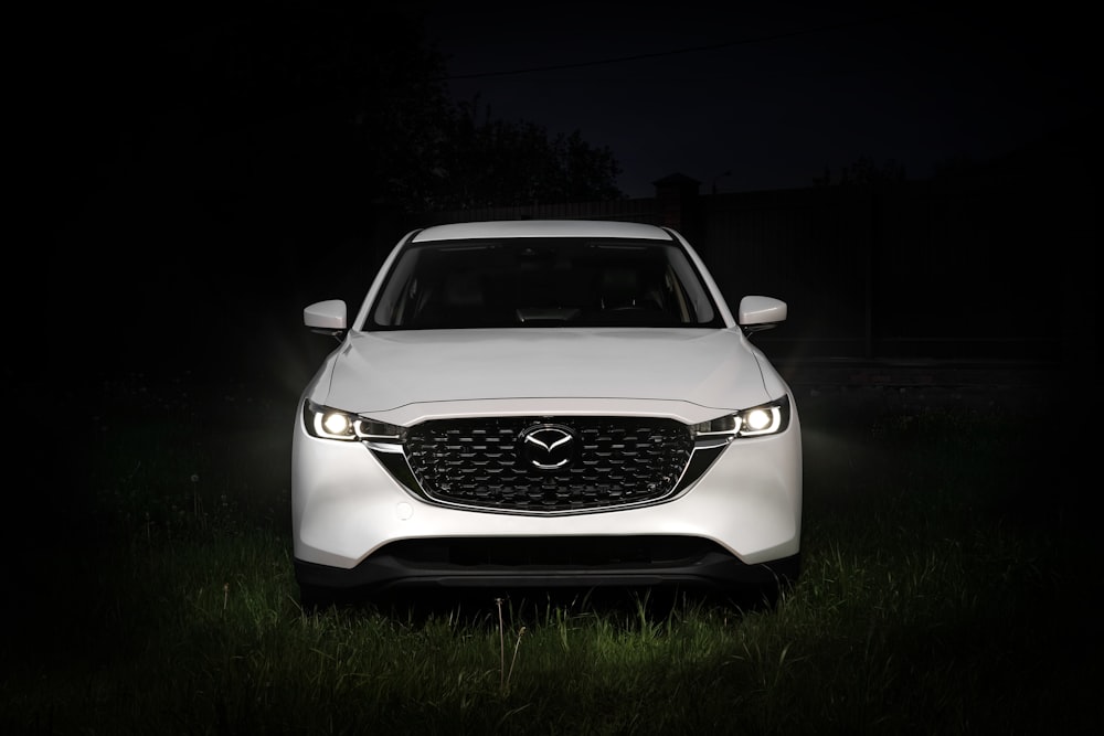 a white car parked in the grass at night