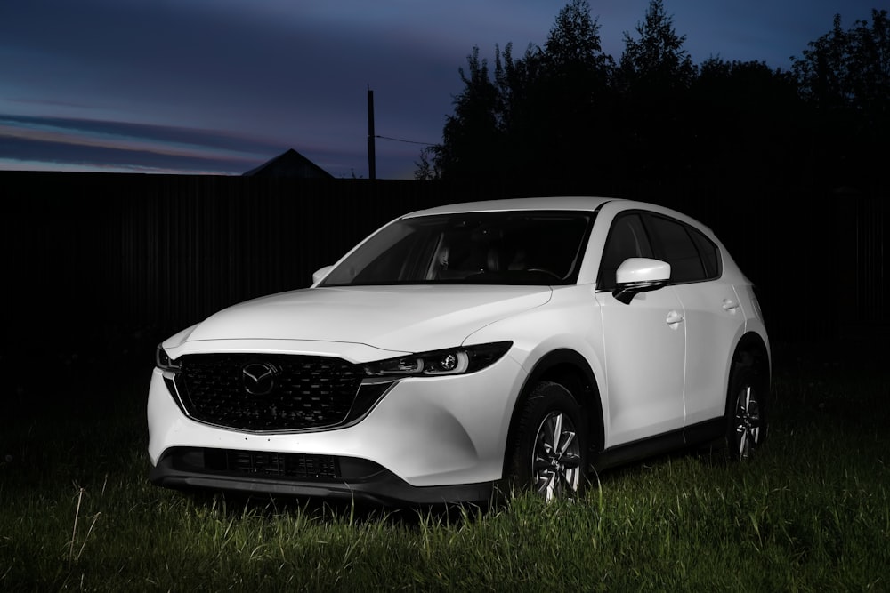 Une voiture blanche garée dans l’herbe la nuit