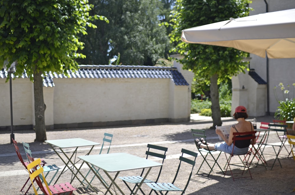 a woman sitting in a chair under an umbrella