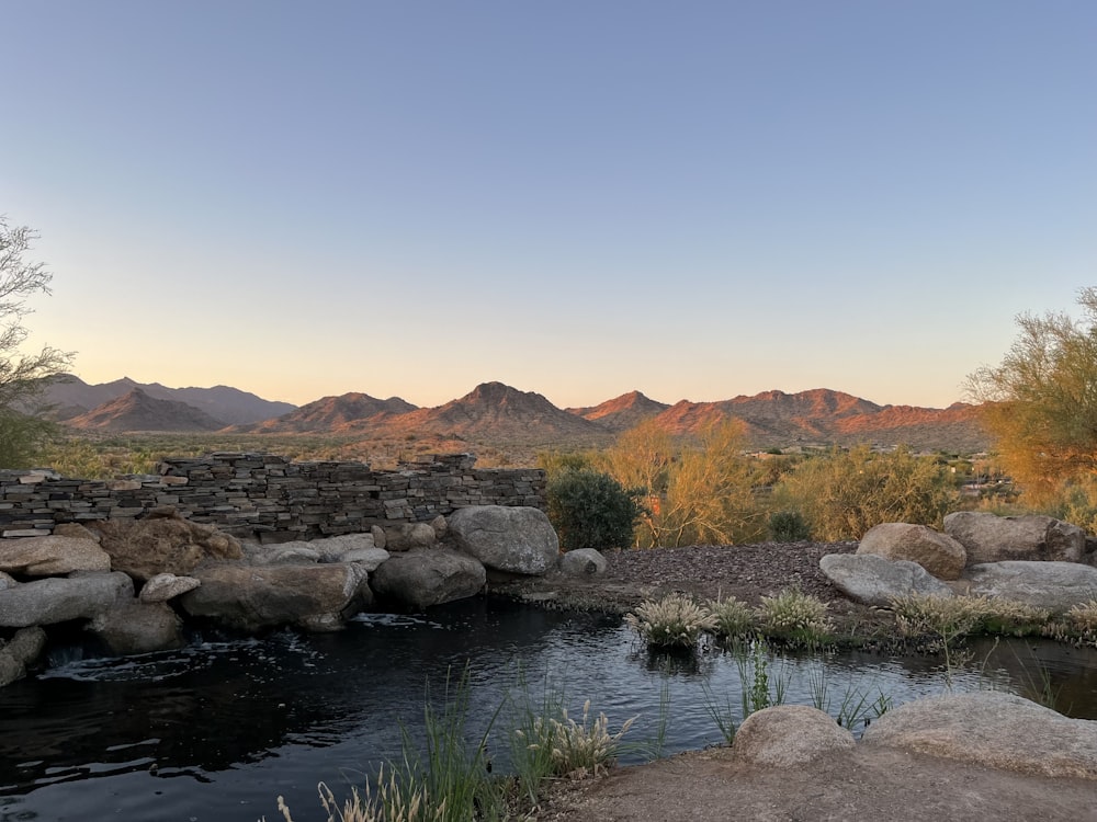 a small stream running through a desert landscape