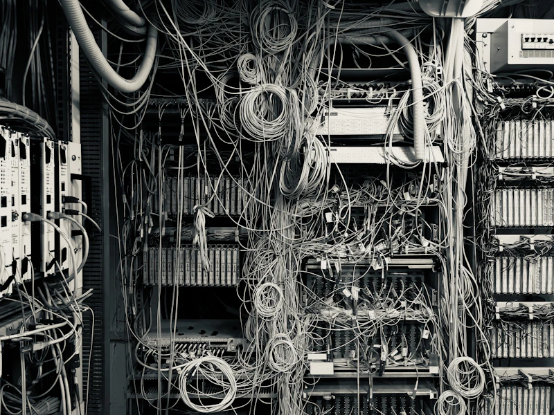 Tangled wires in a crowded server room