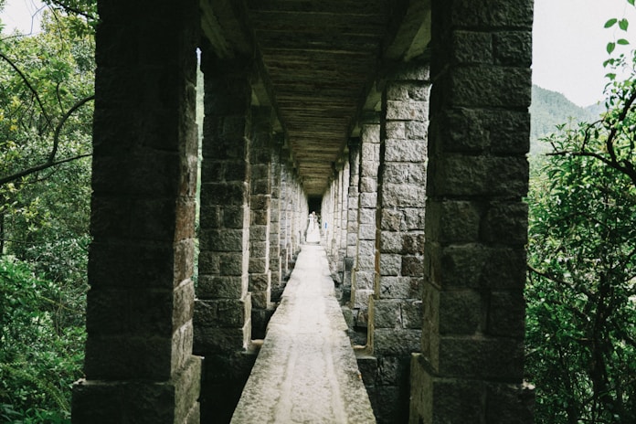 a long walkway between two stone pillars in a forest