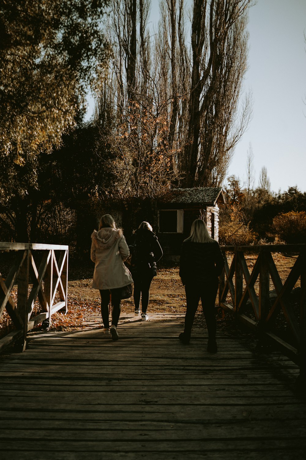 a group of people walking across a wooden bridge