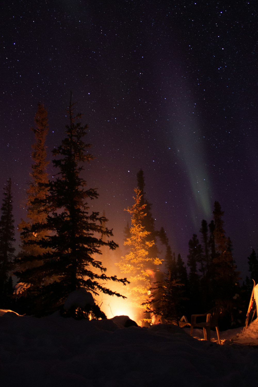 a campfire in the middle of a snowy field