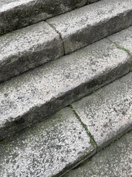 Close-up of weathered flagstone steps leading to a classic European villa entrance, showcasing natural patina and texture.
