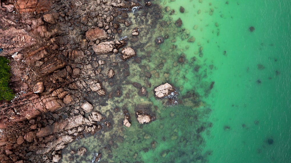 an aerial view of a beach with green water