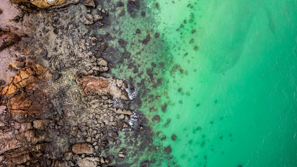 an aerial view of a beach with green water